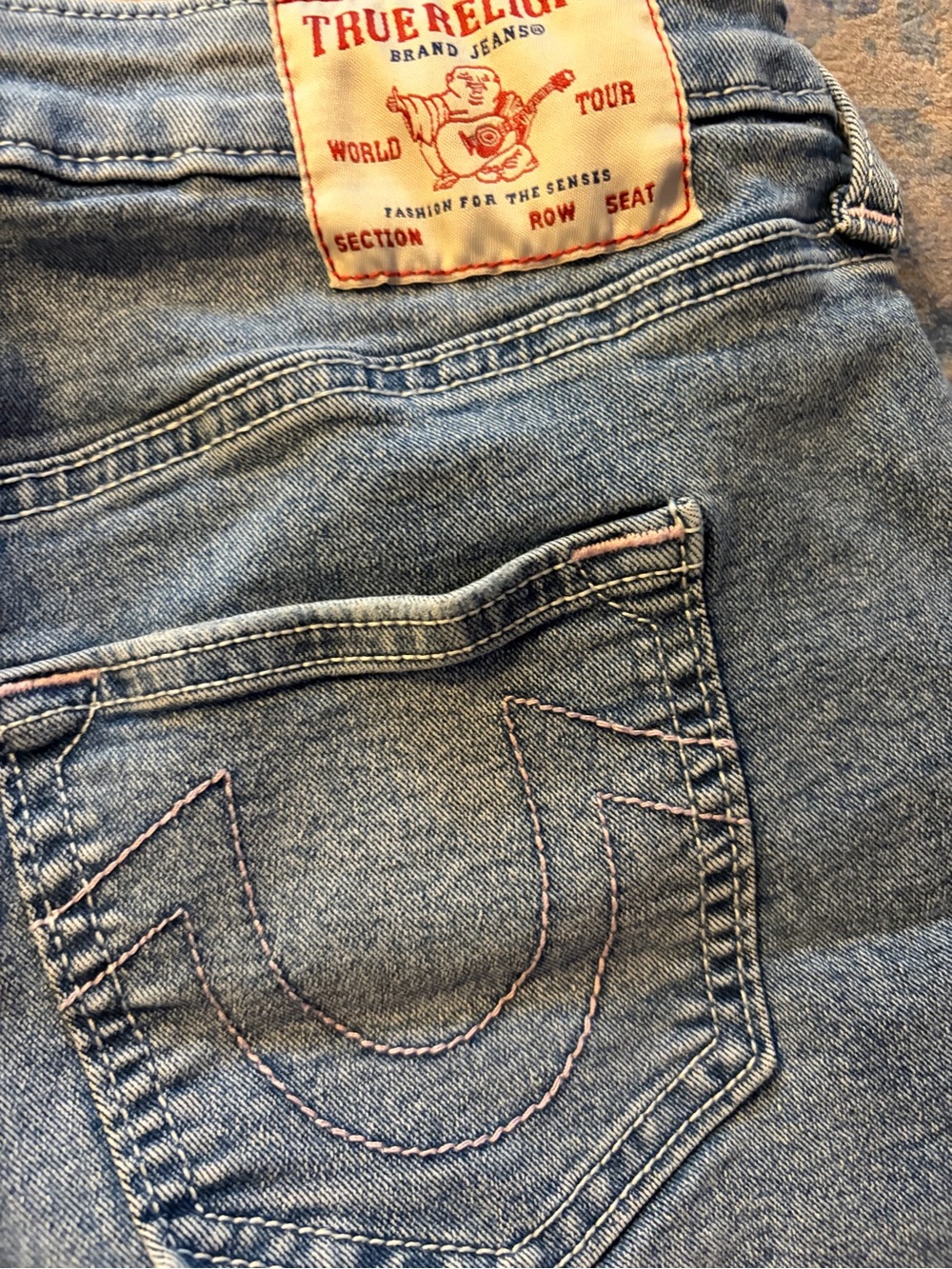 True Religion Straight Leg Jeans in Light Blue Denim with Pink Stitching